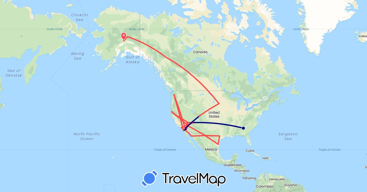 TravelMap itinerary: driving, hiking in Canada, Mexico, United States (North America)
